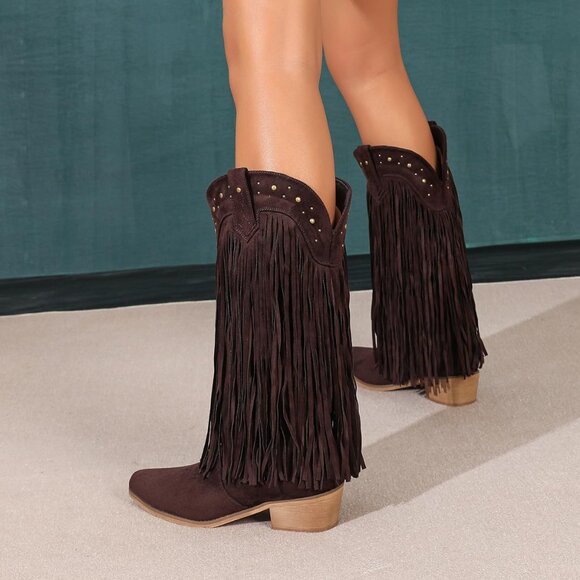 AMOJI Women Brown Western Cowboy Boots Pointed Toe Mid Calf Cowgirl - Picture 6 of 7